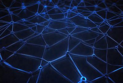 The primary subject of the image is a blue, geometric pattern. The setting is a dark background, which contrasts with the bright blue pattern. The visual style is a digital art or illustration, as the pattern appears to be a computer-generated design. The colors and mood of the image are predominantly blue, creating a calm and serene atmosphere.