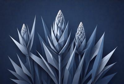 The primary subject of the image is a group of three tall, thin, and blue flowers. They are arranged in a triangular formation, with one flower on the left, one in the middle, and one on the right. The setting is a blue background, which creates a striking contrast with the flowers. The visual style is a combination of digital art and illustration, giving the image a unique and artistic appearance. The colors and mood of the image are predominantly blue, creating a calm and serene atmosphere.