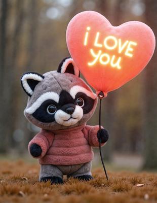 The primary subject of the image is a stuffed animal, specifically a raccoon, holding a heart-shaped balloon. The setting is a forest, with trees visible in the background. The visual style is a photo, capturing the raccoon and the balloon in a natural environment. The colors and mood of the image are warm and inviting, with the heart-shaped balloon adding a touch of love and affection to the scene.