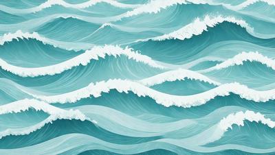 The primary subject of the image is a large body of water, featuring a wave that is crashing. The setting is a blue ocean, and the visual style is a painting or drawing. The dominant colors are blue and white, creating a serene and calming atmosphere.