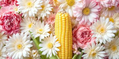 The primary subject of the image is a corn cob, which is surrounded by a variety of flowers. The setting is a garden, with the corn cob standing out among the colorful flowers. The visual style is a close-up of the corn cob, with the flowers in the background. The colors and mood of the image are vibrant and lively, with the corn cob and flowers creating a natural and beautiful scene.