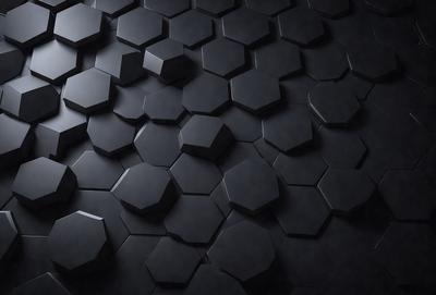 The primary subject of the image is a black and white pattern of hexagons. The setting is a black background, and the visual style appears to be a digital art or illustration. The dominant colors are black and white, creating a bold and striking pattern. The overall atmosphere of the image is modern and minimalistic.