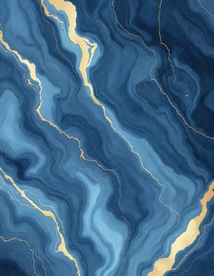 The primary subject of the image is a blue and gold marbled stone. The setting is a blue and gold marbled stone wall, which serves as the background. The visual style is a close-up of the marbled stone, showcasing its intricate patterns and colors. The dominant colors are blue and gold, creating a rich and luxurious atmosphere.