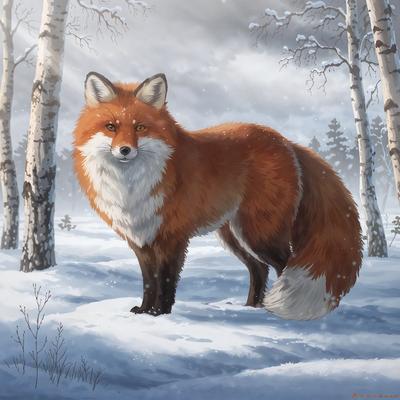 The primary subject of the image is a large, fluffy red fox standing in a snowy field. The setting is a winter landscape with snow-covered trees in the background. The visual style is a painting, which gives the image a more artistic and detailed appearance. The dominant colors are red and white, with the red fox being the main focus of the scene. The overall atmosphere is serene and captivating, showcasing the beauty of the winter landscape.