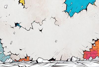 The primary subject of the image is a large, colorful explosion, with a mix of blue, yellow, and orange hues. The setting is a white background, which contrasts with the vibrant colors of the explosion. The visual style is a combination of digital art and illustration, creating a dynamic and eye-catching scene. The colors and mood of the image are energetic and lively, capturing the essence of an explosion.