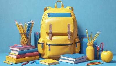 The primary subject of the image is a yellow backpack with a blue bookbag on top of it. The setting is a table with books and pencils arranged around the backpack. The visual style is a combination of photo and digital art, creating a vibrant and colorful scene. The dominant colors are yellow and blue, giving the image a cheerful and lively atmosphere.