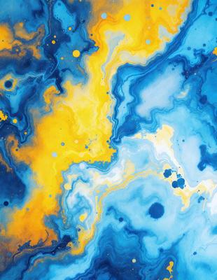 The primary subject of the image is a vibrant, colorful painting featuring a mix of yellow, blue, and orange hues. The painting is set against a blue background, creating a striking contrast. The visual style of the painting appears to be a combination of digital art and illustration, with a focus on intricate patterns and textures. The overall atmosphere of the painting is lively and energetic, with the bold colors and dynamic patterns capturing the viewer's attention.