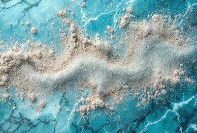 The primary subject of the image is a close-up of a white substance, possibly a powder or a frosting, spread across a blue surface. The setting appears to be a table or a countertop, with the blue surface being the main focus of the image. The visual style of the image is a close-up, which emphasizes the details of the white substance. The colors in the image are predominantly white and blue, creating a clean and fresh atmosphere.