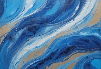 The primary subject of the image is a blue and white painting of a wave. The setting is a canvas, and the visual style is a painting. The dominant colors are blue and white, creating a calming and serene atmosphere.