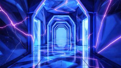 The primary subject of the image is a long, narrow hallway with a blue lighting effect. The setting is a futuristic environment, possibly a space station or a futuristic building. The visual style is a combination of digital art and illustration, creating a unique and captivating atmosphere. The dominant colors are blue and purple, giving the scene a futuristic and otherworldly feel.
