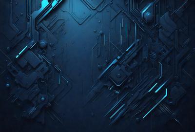 The primary subject of the image is a futuristic, blue-toned digital artwork featuring a complex, intricate design. The setting is a blue background, which complements the artwork's overall visual style. The colors and mood of the image are predominantly blue, creating a sense of depth and sophistication.