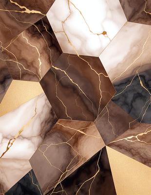 The primary subject of the image is a close-up of a marble tile with a gold pattern. The setting is a room with a black and white marble floor. The visual style is a combination of a photo and digital art, creating a unique and intricate design. The colors and mood of the image are predominantly black, white, and gold, giving it a sophisticated and elegant appearance.