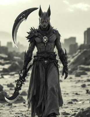 The primary subject of the image is a man dressed in a costume, holding a large sword. He appears to be a demon or a character from a fantasy world. The setting is a rocky, desert-like environment, with a mountainous backdrop. The visual style is a combination of photo and digital art, creating a dramatic and intense atmosphere. The colors are predominantly dark, with the man's costume and the sword being the main focus, while the rocky environment and mountainous backdrop provide a