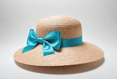 The primary subject of the image is a straw hat with a blue bow. The hat is placed on a white surface, which serves as the background. The visual style of the image is a close-up of the hat, showcasing its details. The colors and mood of the image are predominantly white and blue, giving it a clean and fresh appearance.