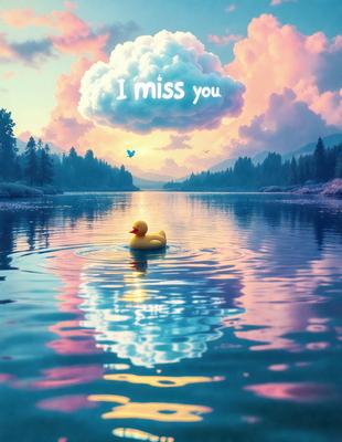 The primary subject of the image is a rubber duck floating on a body of water. The setting is a serene lake with a cloudy sky above. The visual style is a digital art or illustration, creating a whimsical and playful atmosphere. The dominant colors are shades of blue and pink, which contribute to the overall mood of the scene.