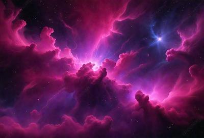 The primary subject of the image is a purple nebula, which is a cloud of gas and dust in space. The setting is a dark, starry sky, with the nebula being the main focus of the image. The visual style is a combination of a photo and digital art, creating a unique and captivating representation of the nebula. The dominant colors are purple and pink, giving the image a serene and celestial atmosphere.