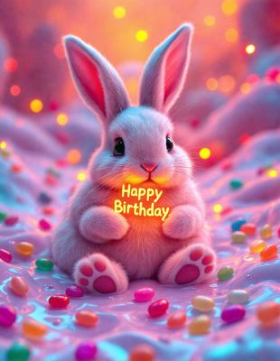 The primary subject of the image is a cute, colorful bunny holding a "Happy Birthday" sign. The bunny is sitting on a pink surface, which is likely a part of a birthday celebration. The setting appears to be a birthday party or a similar festive event. The visual style of the image is a combination of photo and digital art, creating a whimsical and joyful atmosphere. The dominant colors in the image are pink, which is the color of the bun
