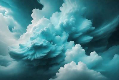 The primary subject of the image is a large, blue cloud with a white, fluffy appearance. The cloud is surrounded by a dark, stormy sky. The setting is a cloudy, overcast day, and the visual style is a painting or drawing. The dominant colors are blue and white, creating a moody and dramatic atmosphere.