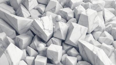 The primary subject of the image is a large pile of white marble cubes. The setting is a white background, which creates a clean and minimalist appearance. The visual style is a combination of photo and digital art, as the marble cubes are arranged in a visually appealing manner. The colors and mood of the image are predominantly white, giving it a calm and serene atmosphere.