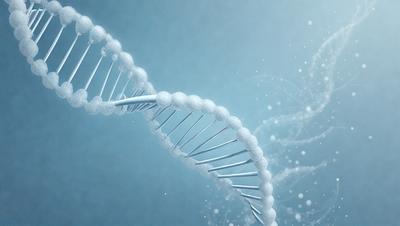 The primary subject of the image is a blue and white DNA strand. The setting is a blue background, which creates a contrast with the white and blue colors of the DNA. The visual style is a digital art or illustration, as the DNA is depicted in a stylized manner. The overall atmosphere is calm and scientific, as the DNA is a fundamental component of life and biology.