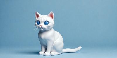 The primary subject of the image is a white cat with blue eyes. The cat is sitting on a blue surface, which could be a table or a wall. The visual style of the image is a photo, capturing the cat's unique appearance with its blue eyes. The colors and mood of the image are predominantly blue, creating a calm and serene atmosphere.