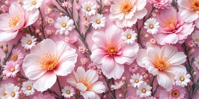 The primary subject of the image is a close-up of a pink flower with a yellow center. The flower is surrounded by other pink flowers, creating a beautiful and vibrant scene. The setting is a pink background, which adds to the overall mood of the image. The visual style is a combination of photo and digital art, resulting in a realistic yet artistic representation of the flowers. The colors and mood of the image are predominantly pink and warm, evoking feelings of love, happiness, and