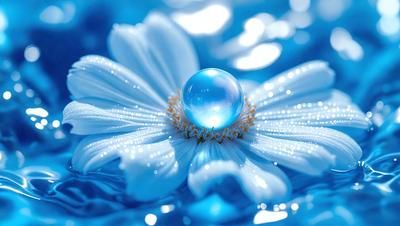 The primary subject of the image is a white flower with a blue tear-shaped bead in the center. The flower is placed on a blue surface, which adds to the overall mood of the scene. The visual style of the image is a close-up of the flower, showcasing its details and beauty. The colors and mood of the image are predominantly blue, creating a serene and calming atmosphere.