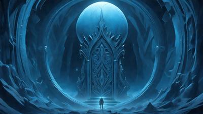 The primary subject of the image is a person standing in front of a large, ornate doorway. The doorway is adorned with intricate carvings and features a blue moon on top. The setting appears to be a dark, mysterious environment, possibly a cave or an underground space. The visual style of the image is digital art, with a focus on the person and the doorway. The colors and mood of the image are predominantly dark and moody, with the blue moon adding a touch of mystery