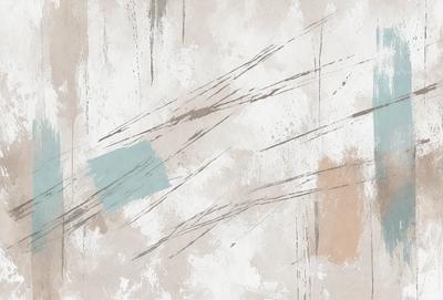 The primary subject of the image is a white wall with a blue square on it. The setting is a room with a white wall, and the visual style is a painting. The dominant colors are white and blue, creating a calm and serene atmosphere.