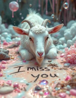 The primary subject of the image is a goat, which is sitting on a pink surface. The goat is looking at the camera, and there is a message written on the pink surface, which reads "I miss you." The setting appears to be a creative and artistic environment, possibly a painting or a digital artwork. The colors in the image are predominantly pink, which gives the scene a warm and inviting atmosphere.