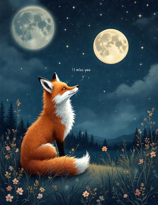 The primary subject of the image is a fox sitting in a grassy field at night. The setting is a dark, nighttime environment with a moon in the sky. The visual style is a painting, which gives the image a more artistic and detailed appearance. The colors and mood of the image are predominantly dark, with the fox being the main focal point.