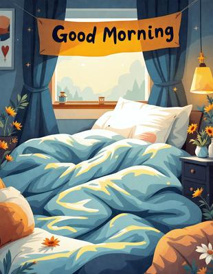 The primary subject of the image is a bed with a blue comforter and a white pillow. The bed is situated in a cozy bedroom with a window, and the room is decorated with yellow flowers. The setting is a comfortable and inviting bedroom, and the visual style is a combination of digital art and illustration. The colors and mood of the image are warm and soothing, creating a sense of relaxation and comfort.