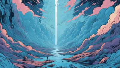 The primary subject of the image is a person standing on a rock near a body of water. The setting is a beautiful, cloudy sky, with the person being the main focus of the scene. The visual style is a combination of digital art and illustration, creating a vibrant and dynamic atmosphere. The colors and mood of the image are predominantly blue and pink, giving it a serene and peaceful feel.