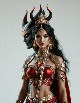 The primary subject of the image is a woman wearing a red and gold outfit, which includes a crown and a sword. She is standing in front of a demon, who is also wearing a crown. The setting appears to be a fantasy or mythical world, as the woman is depicted as a warrior or queen. The visual style of the image is digital art, with the woman and demon being rendered in a detailed and realistic manner. The colors and mood of the image are vibrant and dramatic,