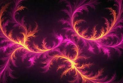 The primary subject of the image is a purple and yellow floral pattern. The setting is a dark background, which contrasts with the vibrant colors of the floral pattern. The visual style appears to be a digital art or illustration, as the floral pattern is intricately detailed and the colors are rich and saturated. The dominant colors are purple and yellow, creating a lively and energetic atmosphere.