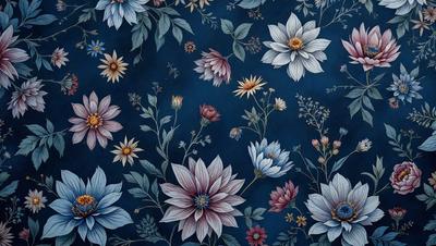 The primary subject of the image is a beautifully designed floral pattern, featuring a variety of flowers in different colors. The setting is a blue background, which complements the vibrant colors of the flowers. The visual style is a combination of digital art and illustration, creating a stunning and intricate design. The colors and mood of the image are lively and cheerful, with the flowers and blue background creating a sense of freshness and natural beauty.