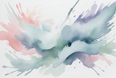 The primary subject of the image is a watercolor painting of a bird. The bird is depicted in various shades of green, blue, and purple, creating a vibrant and lively scene. The setting is a white background, which provides a clean and minimalist appearance to the painting. The visual style is a watercolor painting, which is characterized by its fluid and expressive brushstrokes. The colors and mood of the painting are lively and energetic, with the bird's vibr