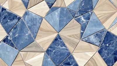 The primary subject of the image is a blue and white marble tile floor. The setting is a room with a blue and white marble wall. The visual style is a close-up of the floor, showcasing the intricate design of the tiles. The colors and mood of the image are predominantly blue and white, creating a clean and elegant atmosphere.
