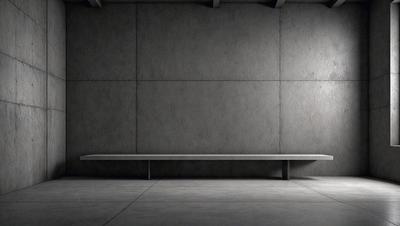 The primary subject of the image is a long, empty bench. The setting is a concrete wall, which serves as the backdrop for the bench. The visual style is a black and white photo, giving the image a classic and timeless appearance. The colors and mood of the image are predominantly dark and moody, with the concrete wall and bench creating a sense of emptiness and solitude.