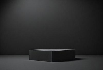 The primary subject of the image is a square-shaped object, which appears to be a black box or a piece of art. The setting is a black background, which creates a striking contrast with the object. The visual style of the image is a close-up, focusing on the details of the square-shaped object. The colors and mood of the image are predominantly black, giving it a dramatic and artistic appearance.