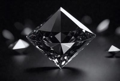 The primary subject of the image is a large, clear, and shiny crystal. The setting is a dark background, which highlights the crystal's reflective properties. The visual style is a close-up of the crystal, showcasing its intricate structure and facets. The colors and mood of the image are predominantly dark, with the crystal being the main source of light and visual interest.