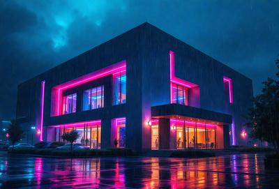 The primary subject of the image is a large building with a pink neon sign. The building is situated in a city setting, and the visual style appears to be a photo. The colors and mood of the image are predominantly pink, creating a unique and eye-catching atmosphere.
