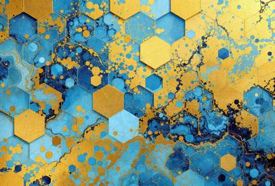 The primary subject of the image is a blue and gold patterned background. The setting is a blue and gold swirling pattern, which creates a visually appealing and dynamic environment. The visual style of the image is a combination of digital art and illustration, as it features a unique and intricate design. The dominant colors in the image are blue and gold, creating a sense of depth and richness.