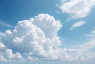 The primary subject of the image is a large, fluffy cloud in the sky. The cloud is surrounded by a blue sky, creating a serene and peaceful atmosphere. The setting is outdoors, with no visible buildings or other objects in the background. The visual style of the image is a photo, capturing the beauty of the cloud in its natural environment. The dominant colors in the image are blue and white, with the cloud being predominantly white and the sky being a deep shade of blue.