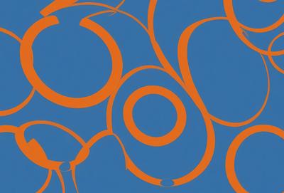 The primary subject of the image is a blue background with a pattern of orange and white swirls. The setting appears to be a blue sky, and the visual style is a combination of digital art and illustration. The dominant colors are blue, orange, and white, creating a vibrant and lively atmosphere.