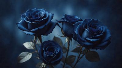 The primary subject of the image is a bouquet of three blue roses. The setting is a dark blue background, which creates a dramatic and moody atmosphere. The visual style is a photo, capturing the beauty of the blue roses in their natural environment. The colors and mood of the image are predominantly dark and mysterious, with the blue roses standing out as the focal point.