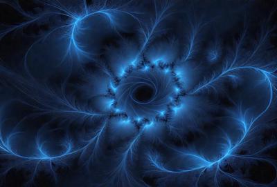 The primary subject of the image is a blue, swirling, and circular pattern. The setting is a dark background, which contrasts with the bright blue swirls. The visual style appears to be a combination of digital art and illustration, creating a unique and captivating design. The dominant colors are blue, with the swirls and the background, and the overall atmosphere is one of intrigue and beauty.