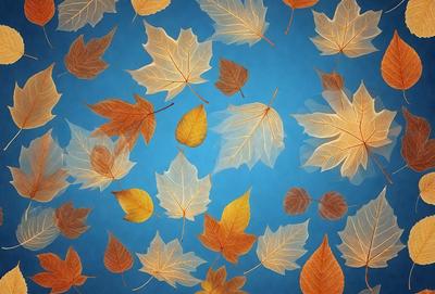 The primary subject of the image is a collection of yellow and orange leaves floating in the air. The leaves are scattered throughout the scene, creating a sense of movement and dynamism. The setting is a blue background, which contrasts with the warm colors of the leaves, adding depth and visual interest to the image. The visual style is a combination of photo and digital art, as the leaves are captured in a realistic manner while the blue background adds a touch of creativity. The colors and mood of the image are predominantly warm and