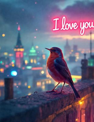 The primary subject of the image is a small bird perched on a ledge or a wall. The bird is facing the camera, and its vibrant red color stands out against the dark background. The setting appears to be a cityscape, with a skyline visible in the background. The visual style of the image is a combination of photo and digital art, creating a unique and eye-catching scene. The colors and mood of the image are predominantly dark, with the red bird being the main focal point and