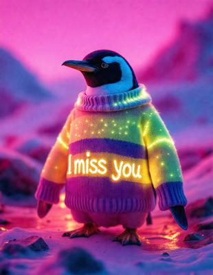 The primary subject of the image is a penguin wearing a sweater with the words "I miss you" written on it. The penguin is standing on a rocky surface, which serves as the setting for the scene. The visual style of the image is a combination of photo and digital art, creating a unique and eye-catching appearance. The colors and mood of the image are predominantly pink and purple, giving it a warm and nostalgic atmosphere.